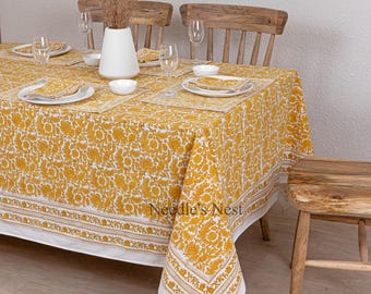 Yellow Floral Block Print Cotton Tablecloth, Napkins