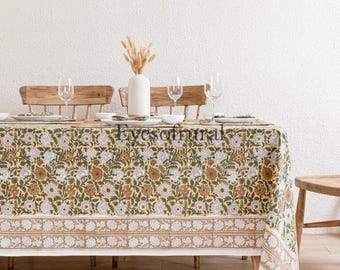 Vakantietafelkleed Frans tafelkleed hoes, blok bedrukt tafelkleed, Indiaas tafellinnen, bloemen eettafel, elegante decoratie,