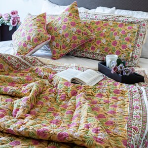 Gold  Jaipuri Handmade Quilt Hand Block Printed Reversible quilt Cotton Voile Quilt Jaipuri Razai, Quilt for sale