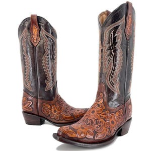 Texaanse dameslaarzen | Western-snit met hoge kuiten | Leren cowgirllaarzen met bloemen