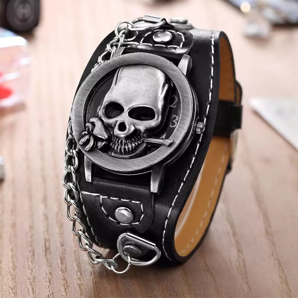 Men's Watch Skull Head Watch Men's Leather Strap Etsy