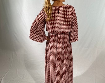 Geometric Pattern Women Chic Dress | Bordeaux and Beige Maxi Length&Floor Length Dress | Slit Sleeve Cocktail Dress