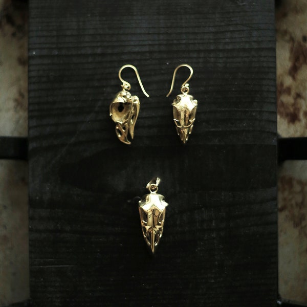 Absaroke Jewels (brass crow earrings-brass crow pendant-designed jewelry-skull jewelry-bird skull-raven jewelry-raven earrings-goth earrings