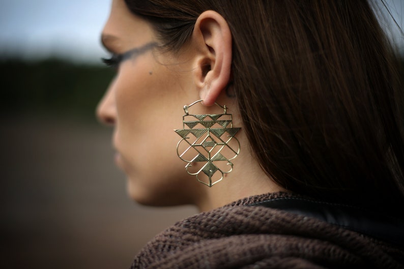 dangle earrings-triangle tribal earrings-brass hoop earrings-geometric jewelry-designed earrings-unique jewelry Geometric Earrings