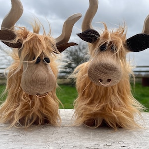 Peut inclure: Deux figurines de vache Highland en bois avec une fourrure brune, des yeux noirs et un nez brun. Chaque vache a un anneau m&eacute;tallique autour du nez.