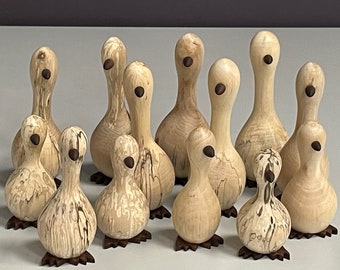 Family of Spalted Hardwood Geese, handcrafted, wooden ornaments to grace any home.