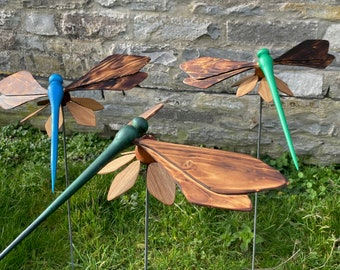 Decorative Garden Ornament, Wooden Kinetic Sculpture, Dragonfly on flower, Scorched, iridescent. Individual.