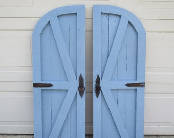 Pair of vintage inspired French Blue curved top/wood barn doors with hardware wall decor/farmhouse decor/cottage shutters