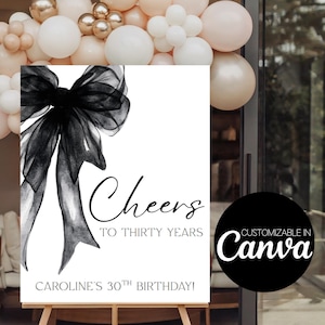 Editable Birthday Welcome Sign Template, Party Sign, Black Bow, Black Tie Party, 30th Birthday Decor, Customizable, White Party Decor