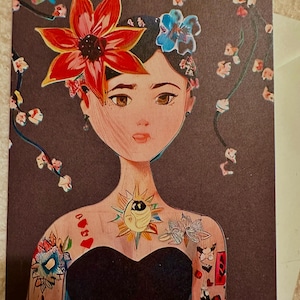 Tatuagem japonesa de Sakura (flor de cerejeira) On'nanoko - cartão de felicitações em branco