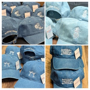 It certainly is a denim summer! #2025 #fashion Custom hats, dad hats, snap back, bachelorette, bachelor, party hats, cute hats, minimal, minimalistic design