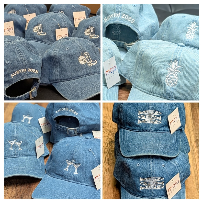 It certainly is a denim summer! #2025 #fashion Custom hats, dad hats, snap back, bachelorette, bachelor, party hats, cute hats, minimal, minimalistic design