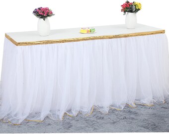 SquarePie Sequin Table Skirt for Rectangle Square Round Table Party Size: L 14ft,H 30in; Color: Rose Gold