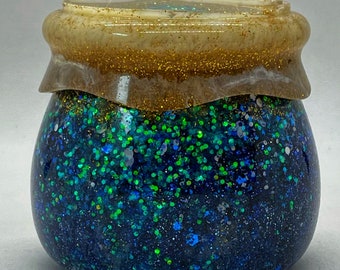 Jar with screw lid | Epoxy resin with glitter and alcohol ink. Beach |Ocean Sea Waves Jewelry Trinkets Hair bands Office College School Desk