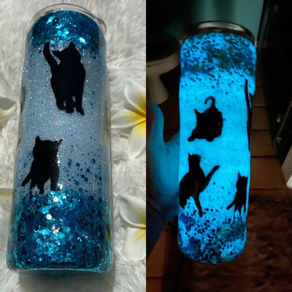 Cat Kitty Tumbler. Glow in the dark. Void Kitty, Kitten Teal White Glitter Personalized Gift. Sliding lid with colorful straw. Travel cup