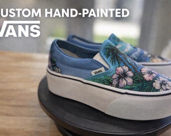 Hand Painted Tropical Vans Slip-On Sneakers, Custom Beach Shoes, Floral Ocean Art Vans