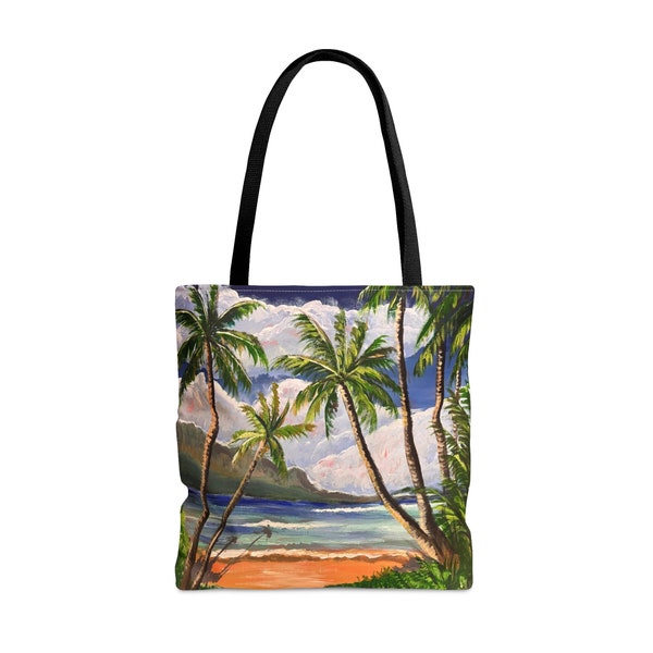 Hawaii Tote Bag, handgeschilderde palmbomen en strandtafereel op een draagtas