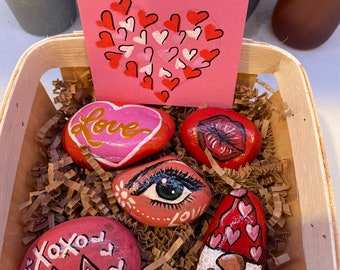 Valentines Day Basket- filled with 5 hand painted Valentine’s Day rocks, natural wooden basket filled with rocks