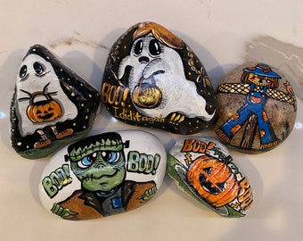 Ready to ship-Halloween rocks - hand painted natural river rocks - unique original designs by me!