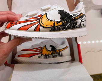 Custom Hand Painted Nike Air Force 1 Sneakers, Godzilla City Design