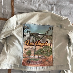 Custom Hand painted Los Angeles themed Denim Jacket - made to order, personalized jacket, California jacket, One of a kind wearable Art
