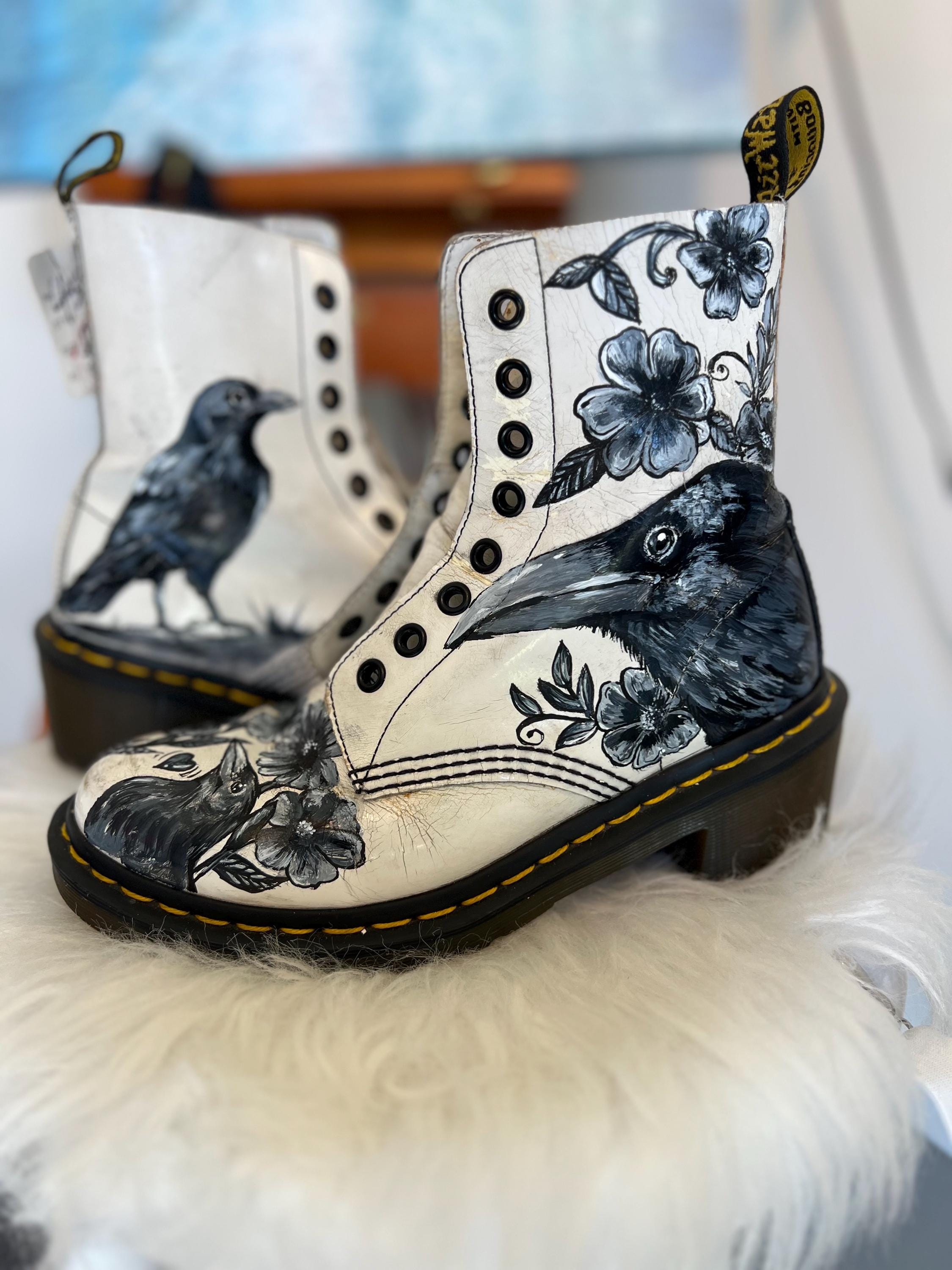 Custom Hand-painted Dr Martens Boots – Raven Floral Artwork Shoes