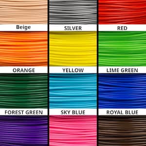 A table of 3D printer filament color samples consisting of a 3 wide and 4 tall grid containing 12 close-ups of 1.75mm 3D printing filament in various colors. The colors in order are beige, silver, red, orange, yellow, lime green, forest green, sky blue, royal blue, purple, pink, and brown. The columns are separated by vertical black lines and the rows are separated by horizontal white spaces containing the names of the colors in black all caps text.