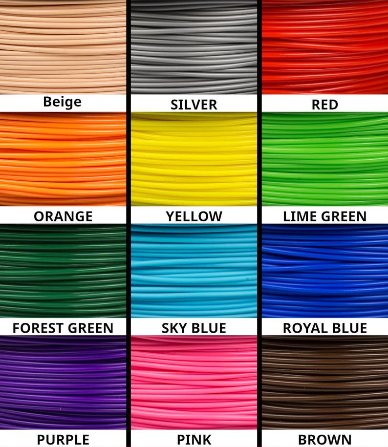 A table of 3D printer filament color samples consisting of a 3 wide and 4 tall grid containing 12 close-ups of 1.75mm 3D printing filament in various colors. The colors in order are beige, silver, red, orange, yellow, lime green, forest green, sky blue, royal blue, purple, pink, and brown. The columns are separated by vertical black lines and the rows are separated by horizontal white spaces containing the names of the colors in black all caps text.