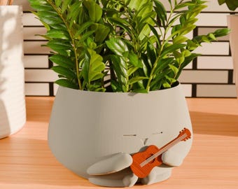 Cozy Little Guy With Guitar Planter | Cute Planter For Music Lover Gift  | Guitar Gift | Cute Home Office Decor Indoor 3D Printed Planter