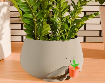 Könnte beinhalten: Ein grauer Keramik-Pflanztopf in Form einer Eule mit einer kleinen grünen Pflanze im Schnabel. Der Topf steht auf einer Holzoberfläche.