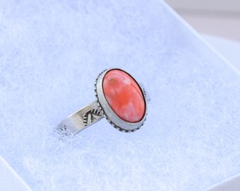 Orange Stone Ring - Artisanal Silver Band with Stamped Design