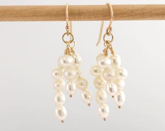 14K Gold Filled Pearl Clusters | Handmade Dangle Earrings | Bridal Anniversary Gift Jewelry