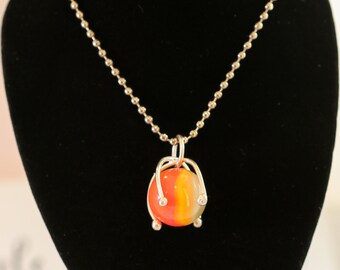 Vintage Marble Pendant Necklace: Sterling Silver Wire-Wrapped Orange Swirl