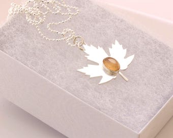 Sterling Silver Maple Leaf Necklace: Yellow Onyx Gemstone Pendant