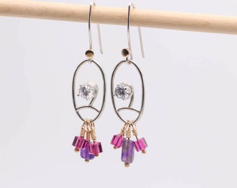 Sparkling 5mm CZ Prong Set Silver Earrings with Gold, Pink and Purple Beads