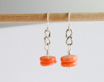 Elegant Silver Earrings with Carnelian Round Disk Beads
