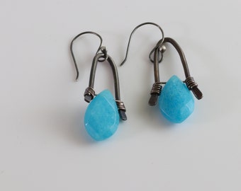 Blue Teardrop Faceted Bead Earrings Wrapped In Silver