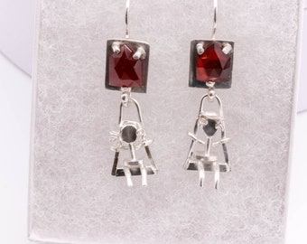 Handmade Garnet Earrings – Sterling Silver Swing Earrings with Boy & Girl Design