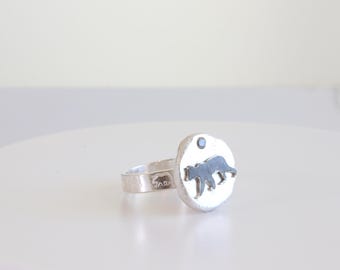 Sterling Silver Bear Ring with CZ, Handmade Woodland Animal Ring, Rustic Nature Jewelry