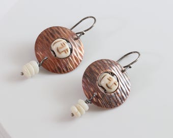 Copper Circle Earrings With Smiling Beads & Puka Shells -Boho Jewelry