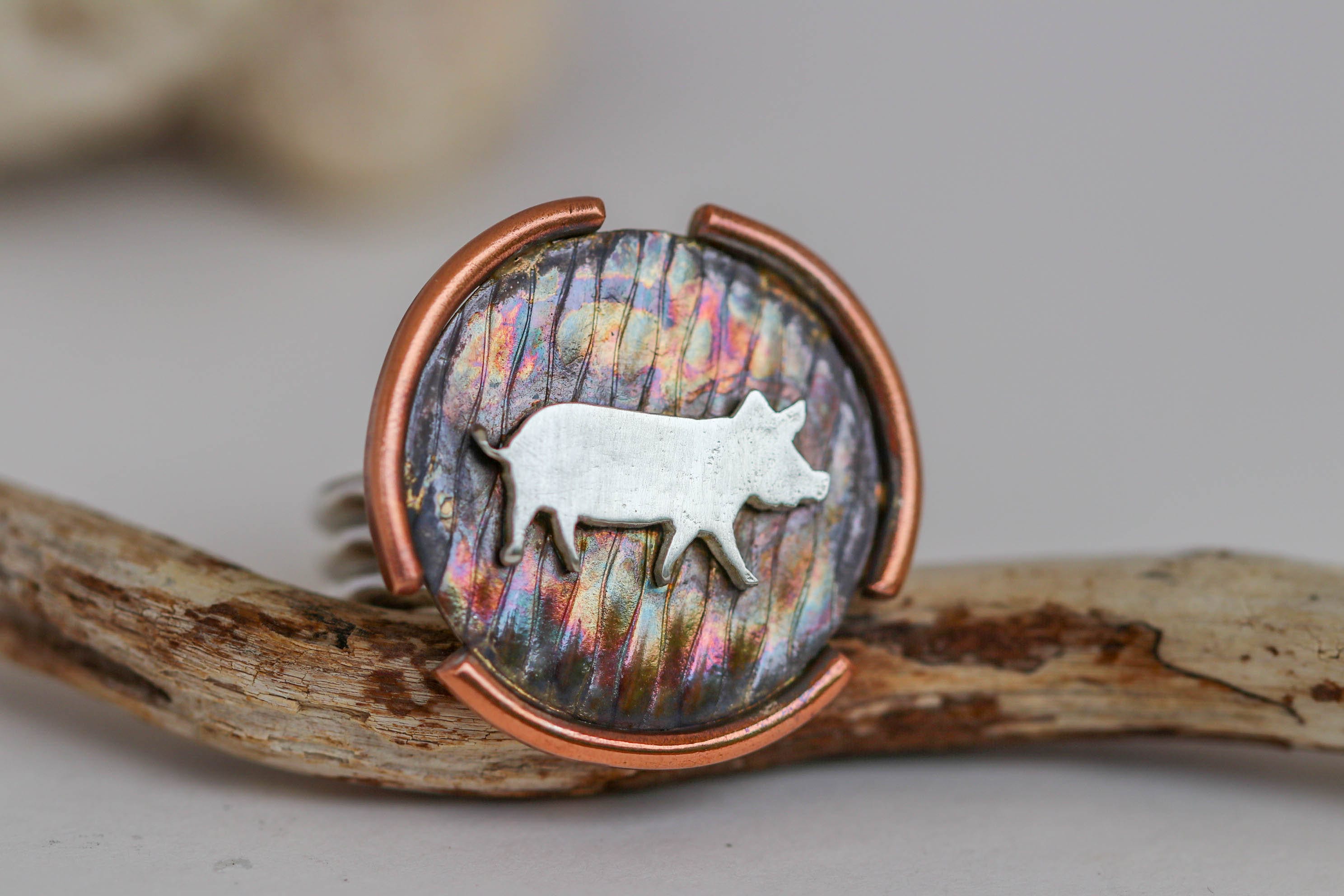 Silver on copper backing. Pig Farm Ring