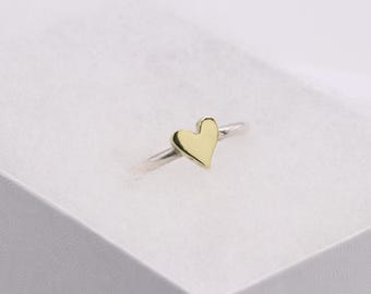 Small Gold Heart on Round Silver Band - Minimalist Two-Tone Ring