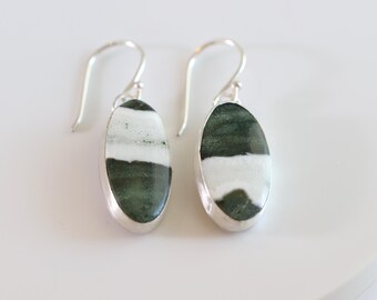 Green White Jasper Sterling Silver Dangle Earrings Handmade Natural Stone Jewelry
