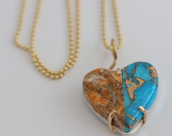 Turquoise Heart Blue And Gold - Prong Set On Sterling Silver With A Gold Ball Necklace