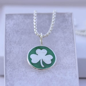 Green Enamel Silver Shamrock Necklace - Lucky Charm for St. Patrick&#39;s Day
