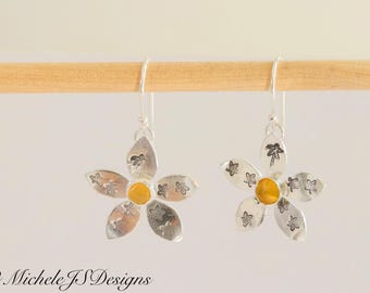 Handmade Sterling Silver Flower Earrings: Golden Yellow Gemstone, Floral Petals