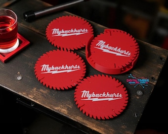 MyBackHurts Saw Blade Coaster Set: Funny Garage Decor, Red 4-Pack