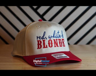 Embroidered Snapback Hat, Red White & Blonde Mid Profile Cap