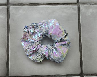 White and Pink Oversized Reversible Sequins Flippy Scrunchie