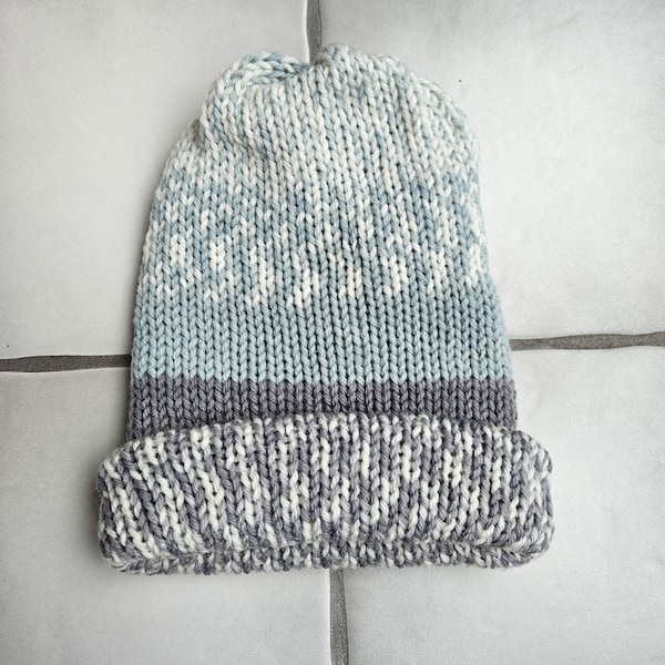 Super Soft Icy Blue and Gray Fair Isle Reversible Wool Knitted Winter Hat/Beanie